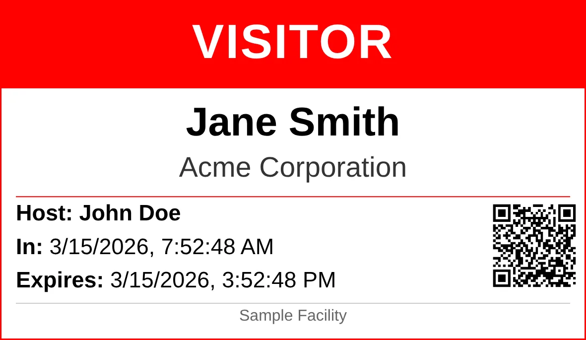 Visitor badge preview showing name, company, host, check-in time, expiration, and validation QR code