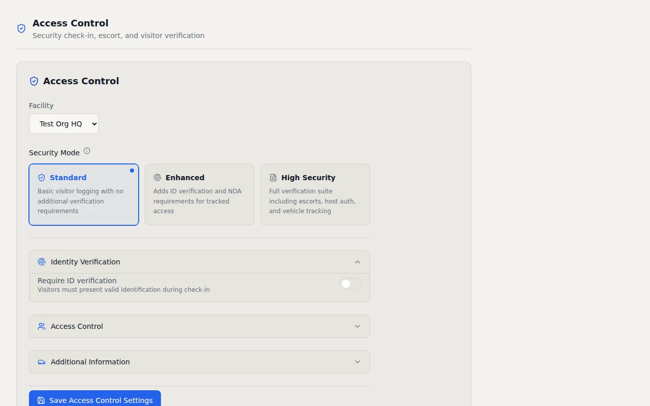 VisitorLog security settings showing three screening tiers (Standard, Enhanced, and High Security) with toggle controls