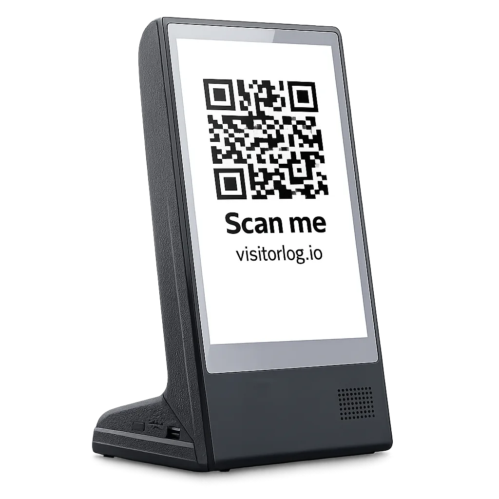 VisitorLog kiosk device showing QR check-in screen