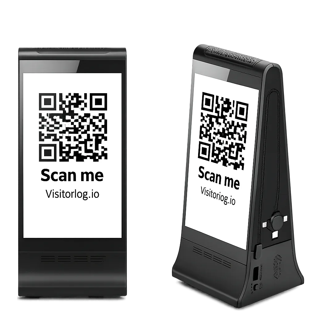 Two VisitorLog kiosk devices, tall rectangular and A-frame styles